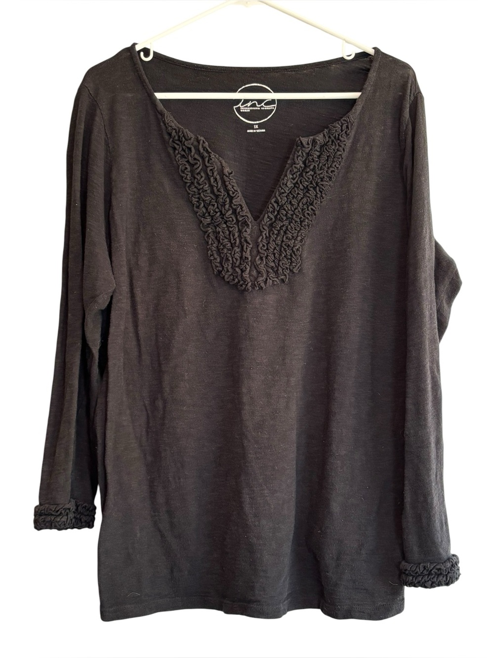 INC International Concepts Black 100% Cotton Ruffle Trim V-Neck Top 1X